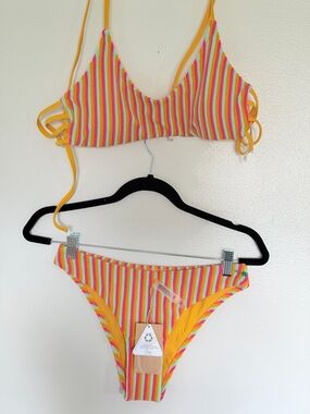 NWT Berlook Striped Bikini Top-M and bottom Small yellow ties